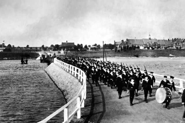 The Causeway on to HMS Excellent, Whale Island, in the 1930s.