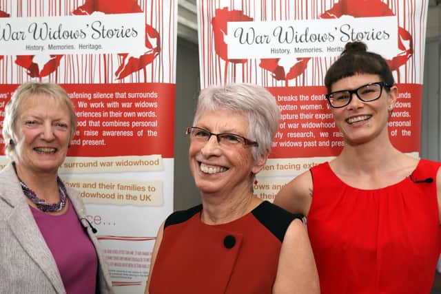 From left, Chris Tinker, June Riley, who is a Portsmouth resident whose husband was in the Royal Navy, and Dr Nadine Muller of Liverpool John Moores University at the War Widows' Stories project, National Museum of the Royal Navy, Portsmouth Historic Dockyard                 Picture: Chris Moorhouse