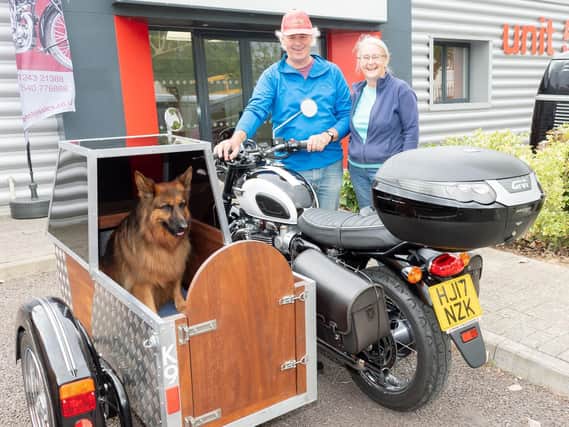 The sidecar was especially made to accommodate Heather and Ian Britton's dog Eva. There is plenty of room for Heather too.

Picture: Keith Woodland