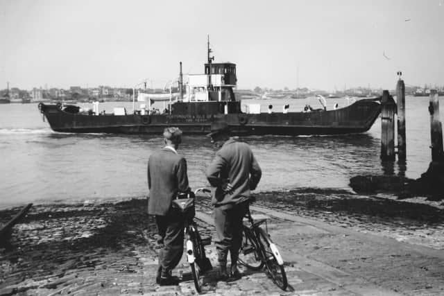 The old Isle of Wight car ferry MV Hilsea approaching Point, Old Portsmouth. She was in service from 1930 to 1961.