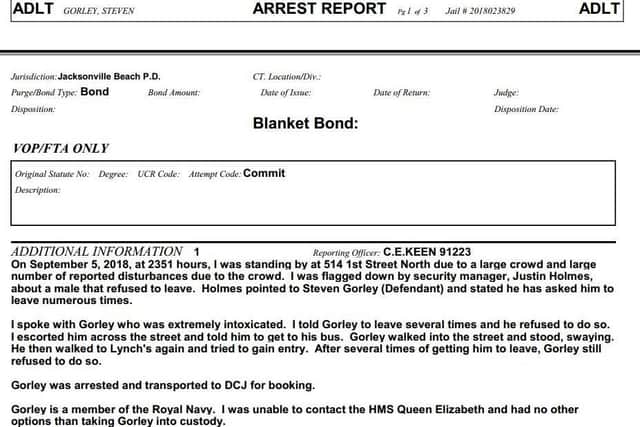 Arrest report for Steven Gorley. Credit: Jacksonville Beach Police Department.