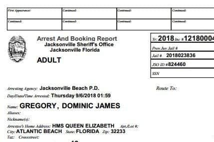 Arrest report for Dominic James Gregory. Credit: Jacksonville Beach Police Department.