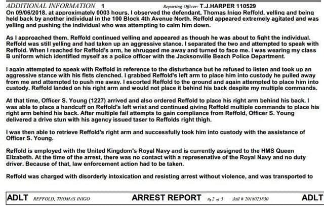 Arrest report for Thomas Reffold. Credit: Jacksonville Beach Police Department