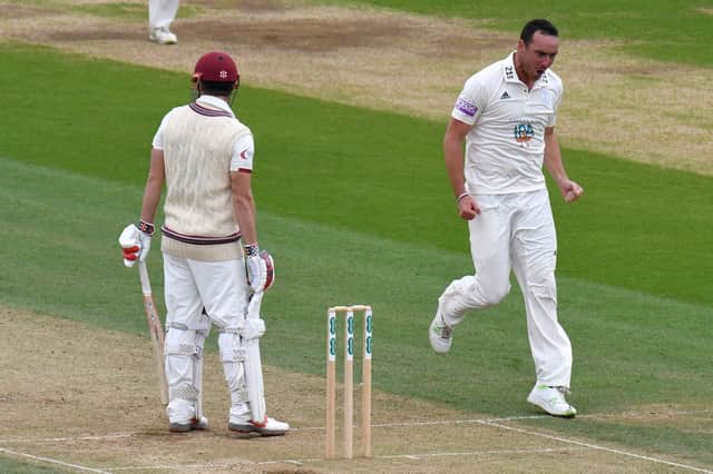 Kyle Abbott celebrates the wicket of James Hildreth. Picture: Neil Marshall