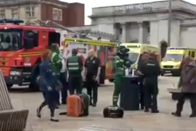 Handout photo taken from Twitter with permission from @Jadenboyleuk of police and emergency services on King Edward Street, Hull, after a man with a "bladed weapon" attempted to start a fire in a bank. Picture: Jaden Boyle/PA Wire