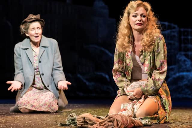 Clare Burt as Ada Harris and Laura Pitt-Pulford as Pamela in Flowers for Mrs Harris at Chichester Festival Theatre. Picture by Johan Persson