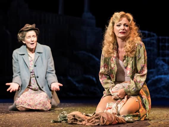 Clare Burt as Ada Harris and Laura Pitt-Pulford as Pamela in Flowers for Mrs Harris at Chichester Festival Theatre. Picture by Johan Persson
