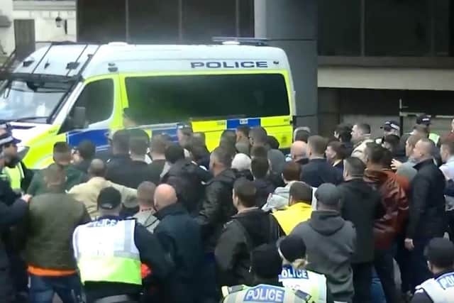 Stills from body-worn police cameras during violence before the Pompey-Plymouth game in 2017