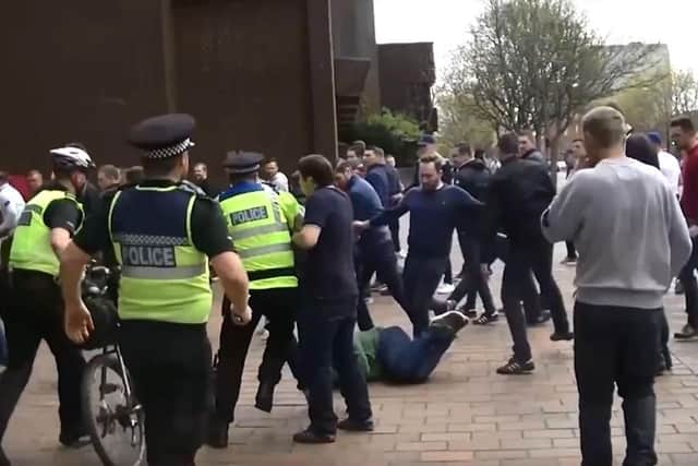 Stills from body-worn police cameras during violence before the Pompey-Plymouth game in 2017. 
Eight men have now been jailed.