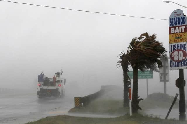 A work truck drives on Hwy 24 as the wind from Hurricane Florence blows palm trees in Swansboro N.C. Picture: AP Photo/Tom Copeland