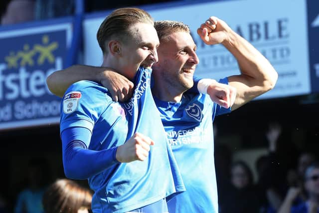 Ronan Curtis, left, and Lee Brown celebrate against Plymouth. Picture: Joe Pepler