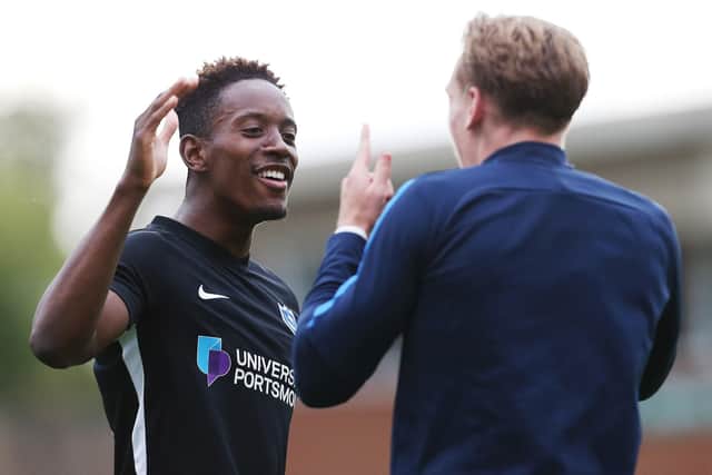 Jamal Lowe celebrates with Ronan Curtis. Picture: Joe Pepler