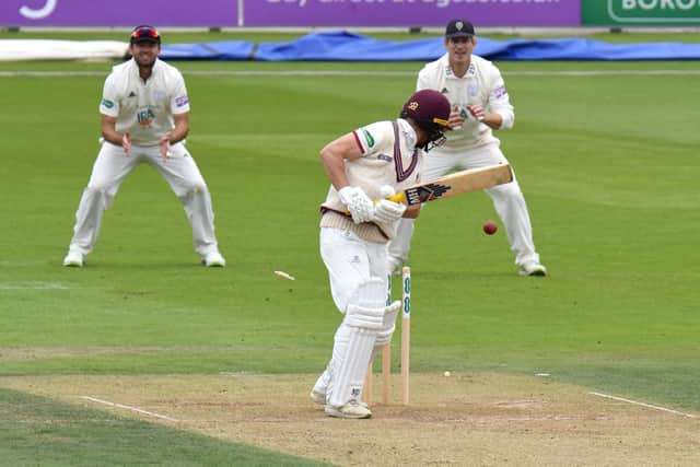 Hampshire v Somerset, Specsavers County Championship, Ageas Bowl, Eastleigh, Hampshire. Pictured is: Jak Leach chops Dale Steyn onto his stumps Picture: Neil Marshall