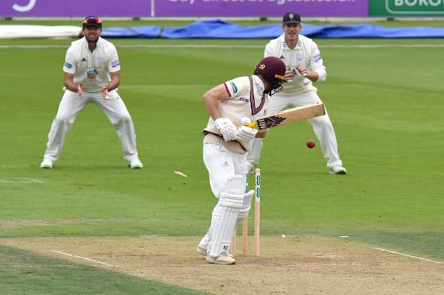 Hampshire v Somerset, Specsavers County Championship, Ageas Bowl, Eastleigh, Hampshire. Pictured is: Jak Leach chops Dale Steyn onto his stumps Picture: Neil Marshall