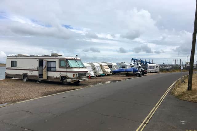 Travellers' campervans and caravans at Ferry Road in Eastney