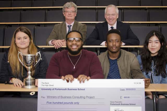 Winners of the Business Consultancy Project
Bill Jones, tutor, Stef Nienaltowski, director of Shaping Portsmouth, with students Chloe Sitruck, Somtochukwu Orji, Khalid Maylor-Morris, and Cattaliya Charoensereechai