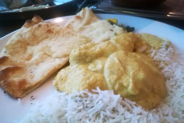 Chicken korma with boiled rice and cheese naan at India Quay, Port Solent