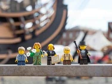 From left - Lego figures David Copperfield, Nell Trent, Charles Dickens, Oliver Twist and Ebenezer Scrooge