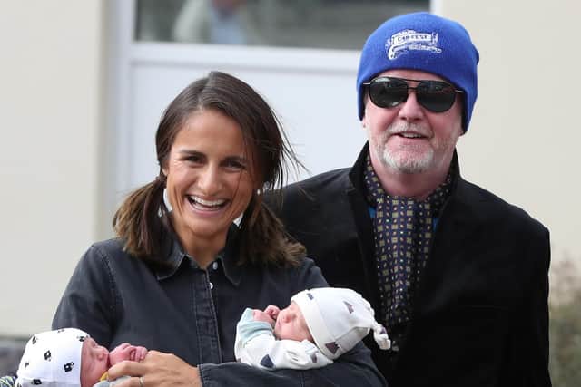 Chris Evans and his wife, Natasha, leave Frimley Park Hospital in Surrey with their twins Walt and Boo. Picture: Jonathan Brady/PA Wire