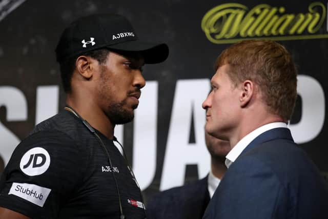 Anthony Joshua and Alexander Povetkin during the press conference at Wembley Stadium, London. Picture: Tim Goode/PA Wire