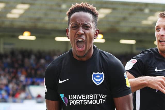 Jamal Lowe celebrates his goal at Peterborough wearing Pompey's third kit supplied by Nike. Picture: Joe Pepler