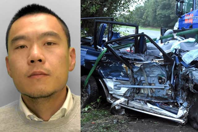 Jailed Kevin Zhou and his victim Rusty Brown's Mitsubishi Shogun wrecked after the crash. Picture: Sussex police