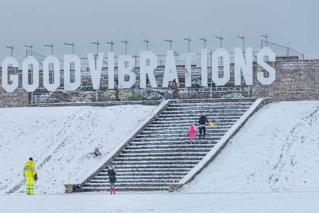 The Good Vibrations sign at snowy Castle Field in Southsea. Picture: Shaun Roster
