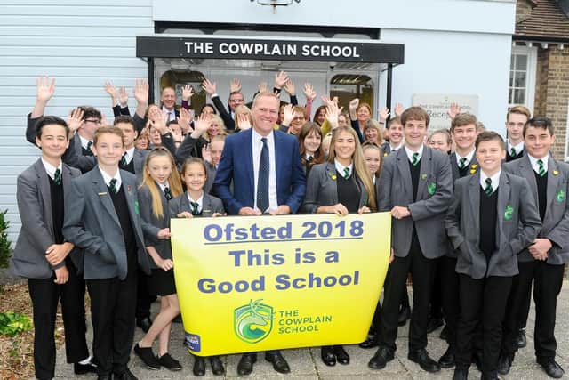 Headteacher Ian Gates celebrating with Cowplain pupils and staff. Picture: Sarah Standing (180714-4524)