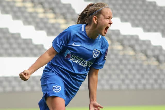 Katie James celebrates her goal against MK Dons Picture: Jordan Hampton