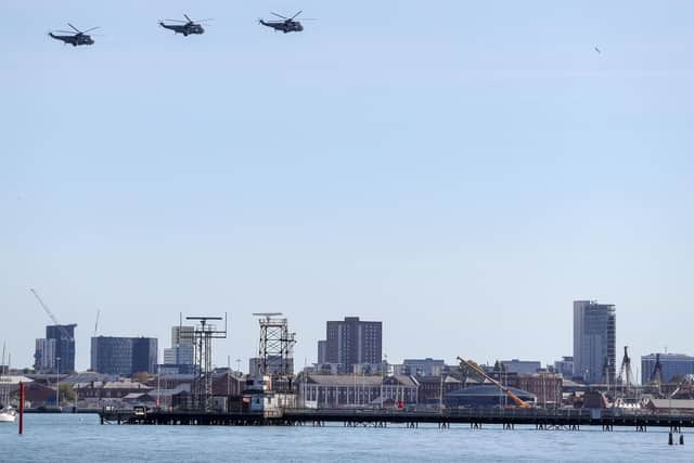 Sea King helicopters fly over Portsmouth on way to HMS Sultan. Picture: Andrew Matthews/PA Wire