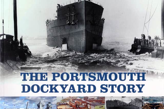 The cover of the new dockyard book showing the battleship HMS Queen Elizabeth entering the harbour after her construction in Portsmouth Dockyard