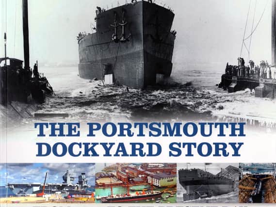The cover of the new dockyard book showing the battleship HMS Queen Elizabeth entering the harbour after her construction in Portsmouth Dockyard