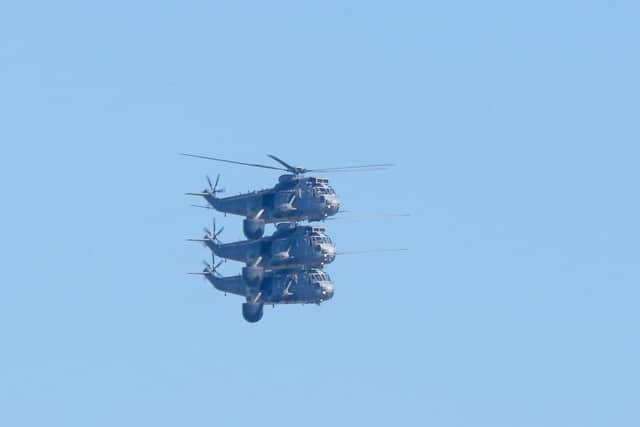 Following 49 years of operational service, the final military Sea Kings made their last flight, passing Portsmouth on their way to HMS Sultan. Picture: Habibur Rahman