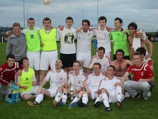 Ronan Curtis, bottom of centre, celebrating Brian McCormick Cup victory with Swilly Rovers   Picture: Swilly Rovers