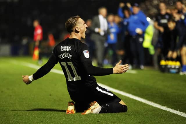 Ronan Curtis celebrates his match-winner at Bristol Rovers earlier this season. Picture: Joe Pepler