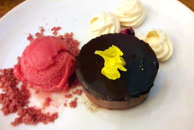 Chocolate feuillantine, mini meringues and raspberrysorbet