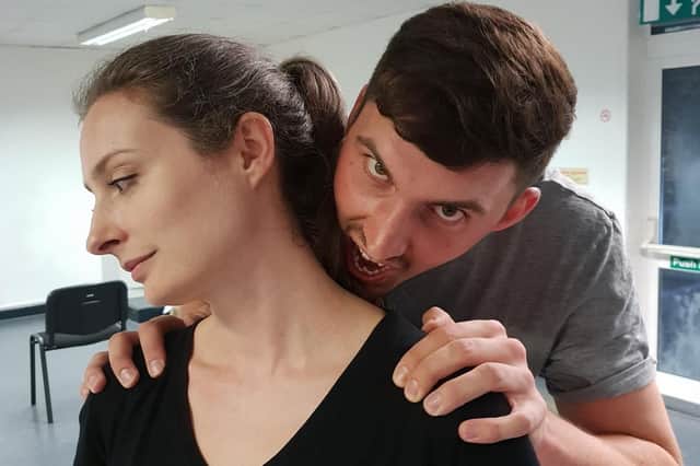 Gemma Valler as Mina and Jonathan Grant as Dracula, in rehearsal for HumDrum's Dracula at The Spring, Havant, from October 17-20