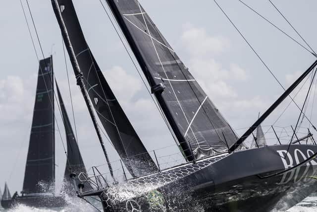 The HugoBoss IMOCA Open 60 race yacht skippered by Alex Thomson during the start of the 2017 Rolex Fastnet Race. Picture: Lloyd Images