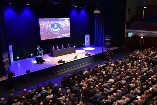 Michael Eisner addresses Trust shareholders at Portsmouth Guildhall in May 2017, persuading them to relinquish control. Picture: Neil Marshall