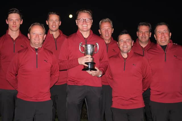 Rowlands Castle's triumphant Hampshire Sevens team. Left to right: Mark Ostram, Phil Russell, Phil Hodgson, James Hawley (captain), Simon Ostram, Jamie Turnball, Paul Whiteaway and Glynn Catterall. Picture: Andrew Griffin