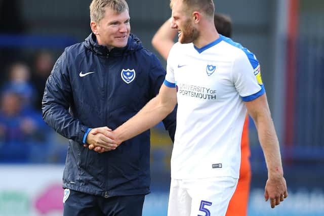 Joe Gallen congratulates goalscorer Matt Clarke following today's 3-1 victory. Picture: Joe Pepler