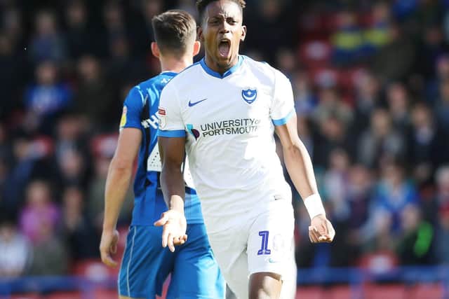 Jamal Lowe celebrates scoring his goal in Pompey's win over Rochdale. Picture: Joe Pepler