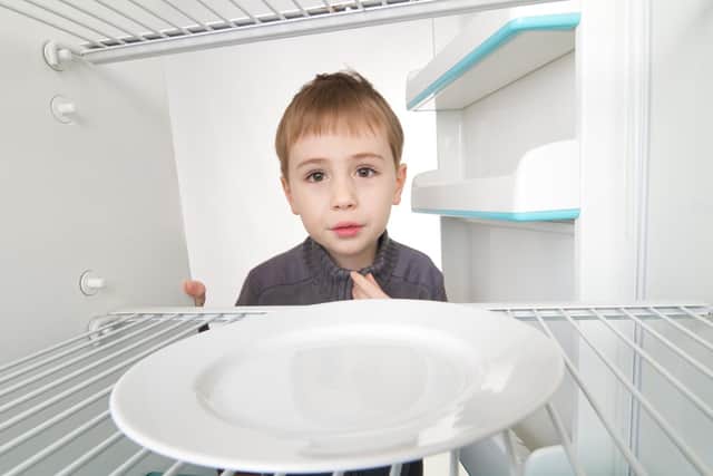 Stock image of a hungry child with no food in the fridge.