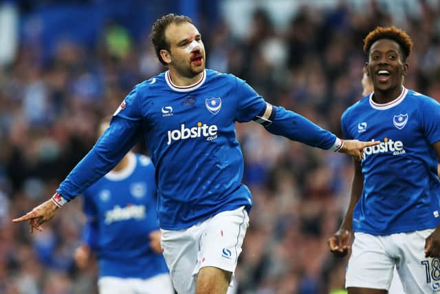 Brett Pitman celebrates scoring against Fleetwood last season. Picture: Joe Pepler