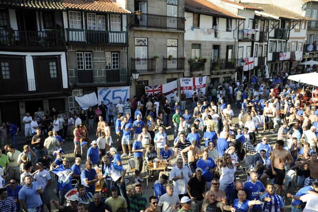 Pompey fans gather in the Praca de Santiago 10 years ago - ahead of the Guimaraes clash. Picture: Steve Reid