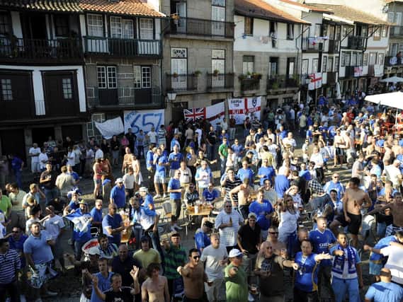 Pompey fans gather in the Praca de Santiago 10 years ago - ahead of the Guimaraes clash. Picture: Steve Reid