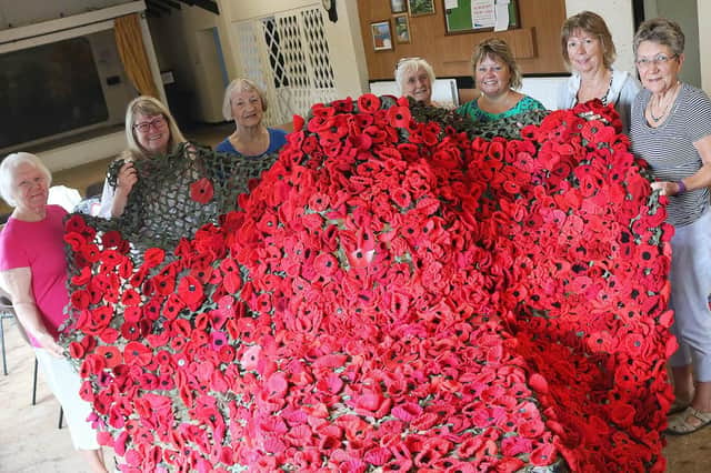 Members of the Northney Textile Crafts Group holding one part of the poppy cascade. Left to right, Sally Kelly, Sue Palmer, Pat Beresford, Sylvia Philips, Kerry Jarman, Jan Grealish and Carol Carter. Picture: Portsmouth Diocese
