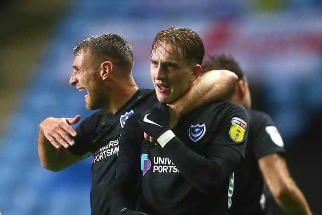 Ronan Curtis, right, celebrates his match-winner with Lee Brown. Picture: Phillip Oldham