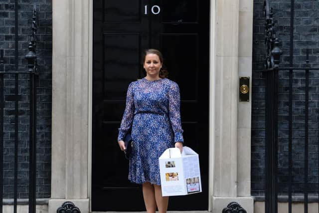 Bridget Devine-Reeves outside 10 Downing Street, London where she handed in a petition to prime minister Theresa May calling for criminal prosecution to start over the deaths at Gosport War Memorial Hospital. Picture: Kirsty O'Connor/PA Wire