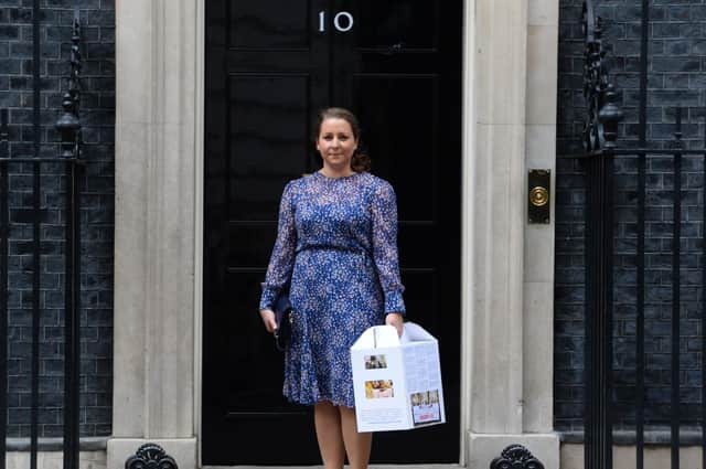 Bridget Devine-Reeves outside 10 Downing Street, London where she handed in a petition to prime minister Theresa May calling for criminal prosecution to start over the deaths at Gosport War Memorial Hospital. Picture: Kirsty O'Connor/PA Wire